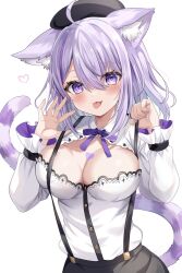 Rule 34 | 1girl, :p, ahoge, animal ears, beret, black hat, blush, breasts, cat ears, cat girl, cat tail, chest tattoo, cleavage, cleavage cutout, clothing cutout, commentary, cowboy shot, frilled sleeves, frills, hair between eyes, hat, heart, heart on chest, heart tattoo, highres, hololive, impossible clothes, impossible shirt, large breasts, long sleeves, looking at viewer, multicolored hair, nail polish, neck ribbon, nekomata okayu, nekomata okayu (wonderland), official alternate costume, purple eyes, purple hair, purple nails, purple ribbon, retsuto, ribbon, shirt, solo, streaked hair, suspenders, suspenders pull, symbol-only commentary, tail, tattoo, tongue, tongue out, virtual youtuber, white shirt