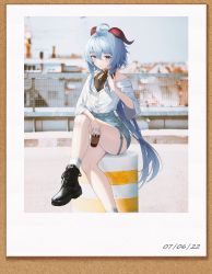 Rule 34 | 1girl, absurdres, ahoge, alternate costume, ankle boots, bare legs, bare shoulders, bell, black footwear, blue hair, blurry, blurry background, bodystocking, bodysuit, bodysuit under clothes, boots, breasts, cityscape, commentary, contemporary, cross-laced footwear, crossed legs, cup, dated, disposable cup, drink, drinking straw, flippy (cripine111), foot out of frame, ganyu (genshin impact), genshin impact, hair between eyes, high-waist shorts, highres, holding, holding cup, holding drink, holding own hair, horns, lace-up boots, light smile, long hair, looking at viewer, low ponytail, neck bell, off-shoulder shirt, off shoulder, outdoors, photo (object), portrait (object), purple eyes, railing, rooftop, shirt, shirt tucked in, short shorts, short sleeves, shorts, sidelocks, sitting, socks, solo, thigh strap, thighs, white footwear, white shirt, wide sleeves
