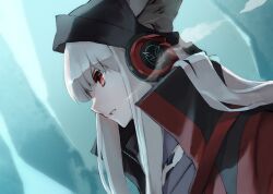 Rule 34 | 1girl, abstract background, aqua background, arknights, beanie, black hat, black shirt, commentary request, e-bushi, ears through headwear, from side, frostleaf (arknights), hat, headphones, high collar, highres, implied extra ears, jacket, long hair, looking to the side, material growth, oripathy lesion (arknights), parted lips, profile, red eyes, red jacket, shirt, solo, upper body, visible air, white hair