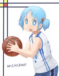 Rule 34 | 1girl, bad id, bad pixiv id, ball, basketball, basketball (object), basketball uniform, blue eyes, blue hair, cube hair ornament, flat chest, hair ornament, matching hair/eyes, naganohara mio, nichijou, nishimura (prism engine), open mouth, short hair, short twintails, solo, sportswear, sweat, twintails