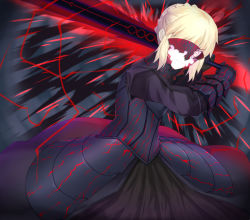 Rule 34 | 1girl, 7 calpis 7, armor, armored dress, artoria pendragon (all), artoria pendragon (fate), aura, black armor, black dress, blonde hair, braid, closed mouth, commentary request, dark aura, dress, excalibur morgan (fate), fate/grand order, fate (series), gauntlets, hair bun, holding, holding sword, holding weapon, long sleeves, looking at viewer, one eye covered, red eyes, saber alter, sidelocks, single hair bun, solo, sword, two-handed, weapon