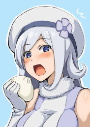 Rule 34 | 1girl, aila jyrkiainen, blue eyes, blush, breasts, close-up, food, gloves, gundam, gundam build fighters, hat, holding, holding food, large breasts, looking at viewer, open mouth, silver hair, solo, sorano (12gou), white gloves, white hat