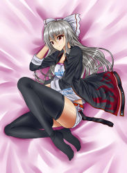 Rule 34 | 1girl, alternate costume, arm behind head, bad id, bad pixiv id, belt, bow, breasts, clothes writing, collarbone, contemporary, fujiwara no mokou, german text, hair bow, highres, jacket, kuronekomanjuu, leg up, long hair, looking at viewer, lying, no shoes, on side, open clothes, open jacket, pink background, red eyes, short shorts, shorts, silver hair, simple background, smile, solo, tank top, thighhighs, touhou, very long hair