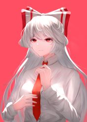 Rule 34 | 1girl, bow, breasts, closed mouth, collar, collared shirt, fujiwara no mokou, grey bow, grey hair, hair between eyes, hands up, highres, long hair, long sleeves, looking to the side, medium breasts, multicolored bow, necktie, pink background, red bow, red eyes, red necktie, shirt, simple background, solo, touhou, white shirt, yuhel