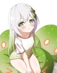 Rule 34 | 1girl, blush, bottomless, chestnut mouth, collarbone, cross-shaped pupils, cushion, eyelashes, fazekas, feet out of frame, from above, genshin impact, gradient clothes, gradient hair, green eyes, green hair, hair between eyes, hair ornament, hand on own knee, highres, legs together, long hair, looking at viewer, multicolored hair, nahida (genshin impact), naked shirt, open mouth, pointy ears, shirt, short sleeves, sitting, solo, straight hair, sweatdrop, swept bangs, symbol-shaped pupils, t-shirt, thighs, white hair, white shirt