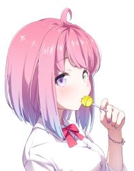 Rule 34 | 1girl, ahoge, blue hair, blush, bow, bowtie, candy, collared shirt, food, food in mouth, from side, gradient hair, green eyes, hand up, heterochromia, highres, himemori luna, holding, holding candy, holding food, holding lollipop, hololive, lollipop, medium hair, meru corone, multicolored hair, multicolored nails, nail polish, pink hair, purple eyes, red bow, red bowtie, shirt, sideways glance, solo, streaked hair, transparent background, virtual youtuber, white shirt