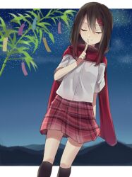 Rule 34 | 1girl, arm at side, black socks, blue sky, brown hair, closed eyes, closed mouth, daluto (hitomi555), enpera, facing viewer, feet out of frame, hair between eyes, hair ornament, hair over shoulder, hairclip, hand to own mouth, index finger raised, kagerou project, kneehighs, leaf, letterboxed, long scarf, medium hair, mekakucity actors, mountainous horizon, multicolored clothes, multicolored skirt, night, night sky, object request, outdoors, pink skirt, plaid, plaid skirt, plant, pleated skirt, red scarf, scarf, school uniform, shirt, shirt tucked in, short sleeves, skirt, sky, smile, socks, solo, star (sky), starry sky, tateyama ayano, white shirt