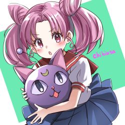 Rule 34 | 1girl, :3, :o, absurdres, bishoujo senshi sailor moon, blouse, blue skirt, chanmarorux, character name, chibi usa, child, crescent moon, double bun, female focus, forehead, hair bun, highres, holding, looking at viewer, medium hair, moon, open mouth, parted bangs, pink hair, puffy short sleeves, puffy sleeves, red eyes, school uniform, serafuku, shirt, short sleeves, skirt, solo, two-tone background, upper body, white shirt