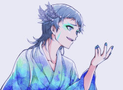 Rule 34 | 1other, androgynous, blue eyes, blue hair, blue kimono, continentalred2008, facepaint, facial mark, feather hair ornament, feathers, forehead mark, gnosia, hair ornament, japanese clothes, kimono, long sleeves, makeup, other focus, raqio, short hair, simple background, solo, tattoo