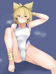 Rule 34 | 1girl, anklet, barefoot, blonde hair, blue background, bracelet, brown eyes, competition swimsuit, earmuffs, highleg, highleg swimsuit, highres, ikeda yamada, jewelry, looking at viewer, one-piece swimsuit, pointy hair, short hair, sitting, solo, steam, swimsuit, touhou, toyosatomimi no miko, two-tone swimsuit, white one-piece swimsuit