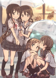 Rule 34 | 4girls, animal, black hair, blue eyes, brown eyes, brown hair, cat, highres, kyuri, looking at another, multiple girls, open mouth, original, outstretched arm, pantyhose, rain, shared umbrella, sketch, smile, squatting, transparent umbrella, umbrella