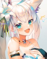 Rule 34 | 1girl, :d, absurdres, animal ear fluff, animal ears, bikini, blue eyes, braid, bridal gauntlets, collarbone, commentary, english commentary, flower, fox ears, grey background, hair between eyes, hair flower, hair ornament, hand up, highres, hololive, huge filesize, janyhero, long hair, looking at viewer, open mouth, shirakami fubuki, smile, solo, swimsuit, upper body, virtual youtuber, white bikini, white flower, white hair