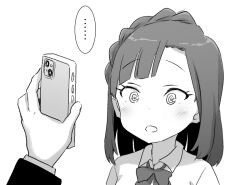 Rule 34 | ..., 1boy, 1girl, @ @, blush, bow, bowtie, braid, cellphone, commentary request, dot nose, greyscale, holding, holding phone, hypnosis, idolmaster, idolmaster million live!, looking at another, minazuki tooru, mind control, monochrome, nanao yuriko, open mouth, phone, shirt, short hair, smartphone, spoken ellipsis, upper body, white background, wing collar