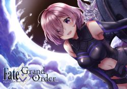 Rule 34 | 1girl, :d, ahoge, armor, armored dress, artist name, black dress, black gloves, blush, breasts, commentary, creature, dress, dutch angle, elbow gloves, fate/grand order, fate (series), fou (fate), gloves, hair over one eye, holding, holding shield, light purple hair, looking at viewer, mash kyrielight, medium breasts, navel, open mouth, purple eyes, saruei, shield, sleeveless, sleeveless dress, smile, teeth, upper teeth only