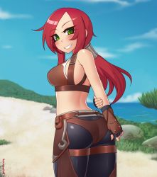 Rule 34 | 1girl, ass, bare shoulders, blush, breasts, fingerless gloves, from behind, gloves, green eyes, grin, kuroonehalf, large breasts, long hair, looking at viewer, original, pants, ponytail, red hair, shiny clothes, shiny skin, sideboob, smile, solo