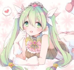 Rule 34 | 1girl, :d, armor, ascot, bare shoulders, blush, breastplate, breasts, commentary, flower, frey (rune factory), gloves, green eyes, green hair, hair between eyes, hair ribbon, hand on own cheek, hand on own face, hand up, heart, long hair, looking at viewer, lying, medium breasts, mini mamu, on stomach, open mouth, pink flower, ribbon, rune factory, rune factory 4, shirt, sleeveless, sleeveless shirt, smile, solo, spoken heart, symbol-only commentary, tiara, twintails, very long hair, white gloves, white ribbon