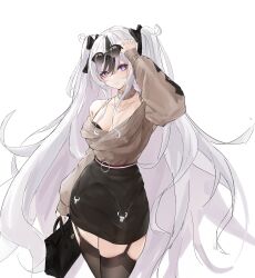 Rule 34 | 1girl, absurdres, azur lane, bag, bare shoulders, black bow, black hair, black skirt, black thighhighs, bow, breasts, choker, cleavage, commentary request, cowboy shot, elbe (azur lane), elbe (pure-hearted bad girl) (azur lane), eyewear on head, garter straps, grey sweater, hair bow, handbag, highres, holding, holding bag, large breasts, long hair, long sleeves, looking at viewer, lump saury, miniskirt, multicolored hair, off-shoulder sweater, off shoulder, pencil skirt, purple eyes, simple background, skirt, smile, solo, standing, streaked hair, sunglasses, sweater, thighhighs, two side up, very long hair, white background, white hair
