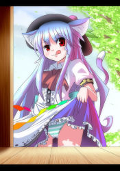 Rule 34 | 1girl, animal ears, bow, cat ears, cat girl, cat tail, female focus, food, fruit, hat, highres, hinanawi tenshi, leaf, long hair, panties, peach, ramutaizumu, red eyes, short sleeves, solo, striped clothes, striped panties, tail, tongue, touhou, tree, underwear