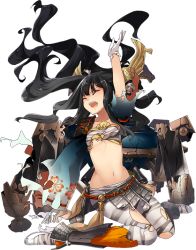 Rule 34 | 1girl, artist request, black hair, blunt bangs, breasts, closed eyes, flat chest, full body, gloves, hair ornament, long hair, midriff, navel, official art, open mouth, oshiro project:re, oshiro project:re, pantyhose, pleated skirt, shigisan (oshiro project), skirt, torn clothes, torn legwear, transparent background, underboob, wavy hair, white gloves