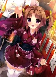 Rule 34 | 1girl, :d, absurdres, bag, bow, brown hair, cherry blossoms, dengeki moeou, festival, fish, floral print, flower, goldfish, hair flower, hair ornament, handbag, highres, japanese clothes, kimono, lace, lace-trimmed kimono, lace trim, lolita fashion, nironiro, obi, open mouth, outstretched arm, outstretched hand, polka dot, purple eyes, sash, scan, short kimono, smile, solo focus, stand, standing, summer festival, thighhighs, twintails, wa lolita, white thighhighs