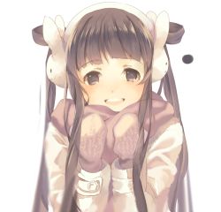 Rule 34 | 1girl, blunt bangs, blurry, blush, brown eyes, brown hair, coat, earmuffs, gloves, hair rings, happy, jacket, long hair, looking at viewer, lowres, mittens, no pupils, open mouth, original, rabbit, rabbit earmuffs, scarf, simple background, solo, teeth, twintails, weee (raemz), white background