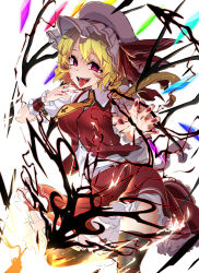 Rule 34 | 1girl, belt, black thighhighs, blonde hair, breasts, buttons, crazy eyes, flandre scarlet, floral print, hat, hat ribbon, heart, heart-shaped pupils, highres, medium breasts, mob cap, nail polish, necktie, puffy short sleeves, puffy sleeves, red eyes, red ribbon, red skirt, ribbon, rihito (usazukin), sharp teeth, shirt, short sleeves, simple background, skirt, skirt set, solo, symbol-shaped pupils, teeth, thighhighs, tongue, tongue out, touhou, vest, white background, white shirt, wings, wrist cuffs, yellow necktie