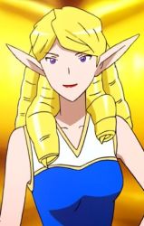 Rule 34 | 10s, 1girl, blonde hair, breasts, curly hair, eyebrows, female focus, gradient background, lipstick, lowres, makeup, pointy ears, purple eyes, sofia (space dandy), solo, space dandy