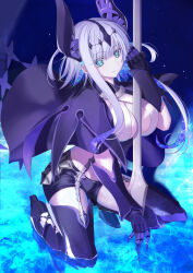 Rule 34 | 1girl, aqua eyes, armored boots, aslaug (fate), black cape, black horns, black shorts, blue hair, blunt bangs, boots, breasts, cape, cleavage, closed mouth, colored inner hair, fate:lost einherjar, fate (series), gauntlets, grey hair, hair ornament, highres, holding, holding polearm, holding weapon, horn ornament, horns, large breasts, looking at viewer, multicolored hair, neko daruma, on one knee, polearm, short hair, short hair with long locks, short shorts, shorts, sidelocks, solo, two-tone hair, weapon