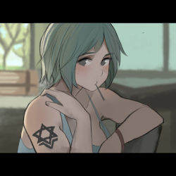 Rule 34 | 1girl, blue skirt, bracelet, breasts, brown eyes, chair, collarbone, elbow rest, emblem, freckles, green hair, hand up, hexagram, highres, indoors, jewelry, large breasts, letterboxed, liangzi tai hongcha, looking at viewer, original, short hair, shoulder tattoo, skirt, solo, star of david, tank top, tattoo, toothpick, tree, upper body, window