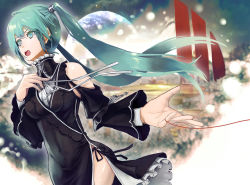 Rule 34 | 1girl, aqua eyes, aqua hair, bad id, bad pixiv id, breasts, detached sleeves, female focus, hatsune miku, kibamigohann, long hair, open mouth, outdoors, sky, solo, string, string of fate, turtleneck, twintails, vocaloid