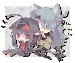 Rule 34 | 2boys, ahoge, animal ears, bandana obito, black bow, black hair, black jacket, black pants, black ribbon, black shirt, blue hair, bow, braid, cat boy, cat ears, cat tail, chibi, collared shirt, grabbing another&#039;s ear, green bow, green eyes, green sweater, grey pants, haguro ribon, hair bow, hair intakes, hand on another&#039;s ear, headband, jacket, kneeling, long hair, long sleeves, male focus, multiple boys, no nose, open clothes, open jacket, open mouth, original, pants, polka dot, polka dot ribbon, polka dot shirt, red eyes, red footwear, red headband, red shirt, ribbon, shirt, shoes, shout lines, single braid, sitting, smile, sneakers, sweat, sweater, tail, tail ornament, tail ribbon, usagi nui