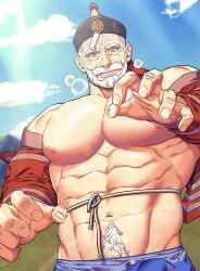 Rule 34 | 1boy, abs, bara, beard, black hat, blue shorts, blue sky, cloud, commentary, condensation, english commentary, facial hair, grass, green eyes, hat, karl-heinz leopold, kim nuruk, liebling, light rays, male focus, mongolian clothes, mountain, muscular, muscular male, mustache, navel, nipples, old, old man, paid reward available, pectorals, shorts, sky, sweatdrop, white hair, wrinkled skin