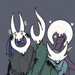 Rule 34 | +++, ..., 1girl, 4others, aged up, arthropod girl, black eyes, black skin, blank eyes, blue cloak, blush, blush stickers, breasts, broken vessel (hollow knight), cloak, colored skin, deepnest vessel (hollow knight), furrowed brow, green cloak, greenpath vessel (hollow knight), grey background, grey cloak, hands up, heart, hollow knight, horn grab, horns, hug, hug from behind, knight (hollow knight), light blush, looking at viewer, multiple others, purple cloak, sakana 2-gou, simple background, small breasts, squiggle, standing