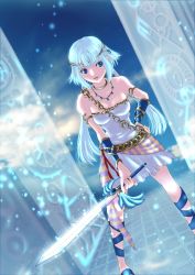 Rule 34 | 1girl, arm guards, bad id, bad pixiv id, blue eyes, blue hair, chain, dutch angle, fantasy, fujimoto kishino, hand on own hip, highres, hip focus, jewelry, matching hair/eyes, necklace, original, sash, solo, sword, weapon