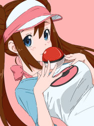 Rule 34 | 1girl, blue eyes, blush, breasts, brown hair, creatures (company), double bun, dr. gero (staedtler 0508), game freak, hair bun, half-closed eyes, hands on own chest, highres, low twintails, medium breasts, nintendo, pink background, poke ball, pokemon, pokemon bw2, rosa (pokemon), shirt, simple background, smile, twintails, upper body
