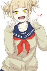Rule 34 | 1girl, aneco (westsea1227), blonde hair, blush, boku no hero academia, double bun, fingernails, hair bun, highres, looking at viewer, open mouth, pointing, pointing at self, simple background, sketch, sleeves past wrists, smile, solo, teeth, toga himiko, tongue, white background, yellow eyes