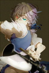 Rule 34 | 1girl, 397 (artist), apron, arm behind back, bad id, bad pixiv id, between fingers, blue eyes, braid, chess piece, embodiment of scarlet devil, female focus, hair ribbon, heterochromia, holding, izayoi sakuya, knife, looking at viewer, maid, maid apron, maid headdress, mouth hold, pietani397, puffy sleeves, red eyes, ribbon, serious, short hair, short sleeves, silver hair, simple background, solo, throwing knife, touhou, waist apron, weapon