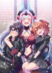 Rule 34 | 1boy, 1girl, 2girls, ^ ^, ahoge, armor, armored dress, bare shoulders, bisexual female, black gloves, black hair, black jacket, blue eyes, blush, boy and girl sandwich, breasts, cleavage, cleavage cutout, closed eyes, clothing cutout, dress, fate/grand order, fate (series), feathers, fujimaru ritsuka (female), fujimaru ritsuka (female) (polar chaldea uniform), fujimaru ritsuka (male), fujimaru ritsuka (male) (polar chaldea uniform), gloves, grey pants, grey skirt, highres, horns, ittokyu, jacket, kiichi hougen (fate), large breasts, long hair, looking at viewer, multiple girls, navel, navel cutout, one side up, open mouth, orange eyes, orange hair, pants, pointy ears, polar chaldea uniform, red armor, sandwiched, short hair, sidelocks, skirt, smile, tassel, thighs, very long hair, white dress, white hair