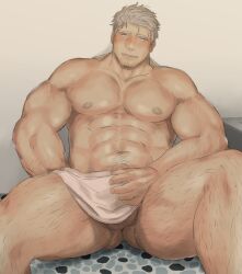 Rule 34 | 1boy, abs, bara, blush, bulge, check copyright, copyright request, covering crotch, covering privates, facial hair, feet out of frame, goatee stubble, highres, large pectorals, leg hair, looking at viewer, male focus, mature male, muscular, muscular male, navel, navel hair, nipples, nogitu, original, pectorals, sanpaku, short hair, shy, solo, sparse arm hair, spread legs, stomach, strongman waist, stubble, tentacle hair, testicle peek, thick eyebrows, thick thighs, thighs, topless male, towel around waist