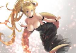 Rule 34 | 1girl, adapted costume, armband, bare shoulders, bkko, black armband, black choker, black dress, black wristband, blue eyes, blue gemstone, bowsette, breasts, brooch, brown horns, choker, cleavage, clenched teeth, collarbone, commentary request, crown, dress, earrings, embers, eyes visible through hair, female focus, floating, floating hair, gem, gradient background, grey background, grin, hair between eyes, hand up, hanging breasts, hip focus, horns, jewelry, large breasts, large tail, letterboxed, light particles, long dress, long hair, long tail, looking at viewer, mario (series), monster girl, new super mario bros. u deluxe, nintendo, no spikes, pointy ears, ponytail, sidelocks, smile, solo, strapless, strapless dress, super crown, tail, teeth, thick eyebrows, thighs, wavy hair, wide hips, wristband