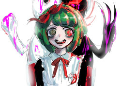 Rule 34 | 1girl, badge, black dress, blood, blood on clothes, bow, child, collar, crazy, crazy eyes, crazy smile, danganronpa (series), danganronpa another episode: ultra despair girls, dress, evil, evil eyes, evil grin, evil smile, frilled collar, frilled frock, frills, green eyes, grin, hair bow, head bow, long sleeves, looking at viewer, monokuma, bowtie, neck ribbon, open mouth, pink blood, red bow, red chair, red ribbon, ribbon, simple background, sitting, smile, teeth, tongue, towa monaca, upper body, upper teeth only, white background, white collar, white frock