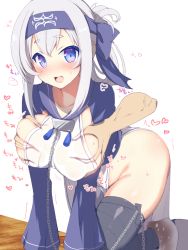 Rule 34 | 10s, 1girl, :d, ainu clothes, bad id, bad pixiv id, bandana, black thighhighs, blue eyes, blush, grabbing another&#039;s breast, breasts, chain, covered erect nipples, grabbing, grabbing from behind, groping, hair between eyes, headband, kamoi (kancolle), kantai collection, large breasts, leaning forward, long hair, long sleeves, looking at viewer, nachisuke (nachi comic), no panties, open mouth, saliva, sideboob, sidelocks, smile, solo focus, sweat, thighhighs, white hair, wide hips