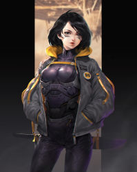 Rule 34 | 1girl, absurdres, ahoge, alita, badge, battle angel alita, black hair, bodysuit, bomber jacket, breasts, breasts apart, button badge, chromatic aberration, commentary, copyright name, cowboy shot, cyborg, drawstring, facial mark, facing viewer, gradient background, grey eyes, grey jacket, hands in pockets, highres, hood, hooded jacket, jacket, legs apart, mechanical parts, medium breasts, multicolored clothes, multicolored jacket, open clothes, open jacket, oversized clothes, parted hair, parted lips, pillarboxed, san mufan, sidelocks, skin tight, solo, standing, sword, taut clothes, taut pants, two-tone jacket, wavy hair, weapon, zipper, zipper pull tab