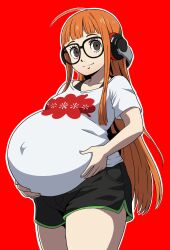 Rule 34 | 1girl, breasts, covered navel, female focus, fungus-man, glasses, headphones, highres, long hair, looking at viewer, orange hair, persona, persona 5, pregnant, sakura futaba, shorts, small breasts, solo, thick thighs, thighs