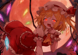 Rule 34 | 1girl, ahase hino, arm support, ascot, bent over, blonde hair, blood, bow, branch, crystal, fang, finger to mouth, flandre scarlet, frilled shirt collar, frilled skirt, frilled sleeves, frills, glowing, glowing eyes, hat, looking at viewer, mob cap, moon, one side up, outdoors, pointy ears, puffy short sleeves, puffy sleeves, red bow, red eyes, red moon, red skirt, red vest, shirt, short hair, short sleeves, skirt, skirt set, solo, touhou, vest, white shirt, wings, wrist cuffs, yellow ascot