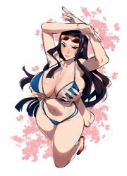 Rule 34 | 1girl, bikini, breasts, cherry blossoms, curly eyebrows, devil fruit power, extra arms, eyewear on head, grabbing own breast, high heels, kukumomo, large breasts, looking at viewer, nico robin, one piece, simple background, sunglasses, swimsuit