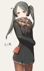 Rule 34 | 10s, 1girl, alternate costume, bad id, bad pixiv id, bag, black hair, blush, buttons, closed mouth, coat, gloves, handbag, jacket, kantai collection, long hair, long sleeves, looking at viewer, meth (emethmeth), mikuma (kancolle), mittens, pantyhose, plaid, plaid skirt, ribbon, scarf, skirt, smile, solo, twintails