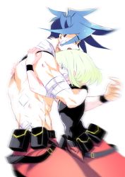 Rule 34 | 2boys, apri bot, bandages, blue hair, closed eyes, galo thymos, green hair, hug, injury, lio fotia, multiple boys, muscular, promare, purple eyes, topless male, size difference, smile, yaoi