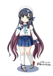 Rule 34 | 1girl, black hair, blue neckerchief, blue skirt, commentary request, dated, full body, gloves, gradient hair, green eyes, hat, kantai collection, kneehighs, loafers, long hair, long sleeves, looking at viewer, masara (chuujou), matsuwa (kancolle), multicolored hair, neckerchief, one-hour drawing challenge, pleated skirt, purple hair, sailor hat, school uniform, serafuku, shoes, simple background, skirt, socks, solo, standing, twitter username, white background, white gloves, white hat, white socks