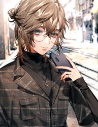 Rule 34 | 1boy, absurdres, bespectacled, black jacket, black shirt, blue eyes, blurry, blurry background, brown hair, buttons, checkered clothes, checkered jacket, eyewear strap, fingernails, glasses, hair between eyes, hair bun, half updo, highres, holding, holding phone, jacket, jewelry, kanae (nijisanji), looking at viewer, male focus, medium hair, necklace, nijisanji, official alternate costume, parted lips, phone, pinky ring, round eyewear, shirt, single hair bun, smile, solo, turtleneck, upper body, virtual youtuber, zuo1019